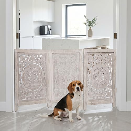 Lightnpro 3 Panel Carved Wooden Dog Gate (White Wash / 24x54 - Ember)