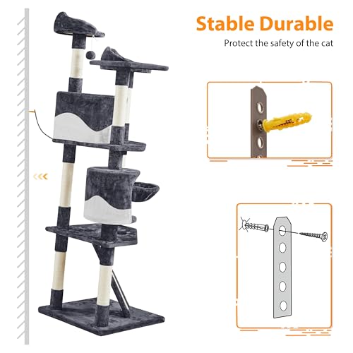 79in Multi Level Cat Tree for Multiple Cats with 9 sisal Posts (Dark Gray and White)