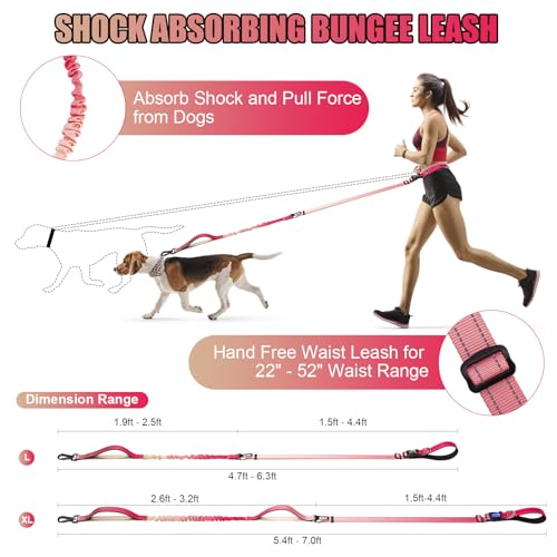 Heavy Duty Hands Free Dog Leash (XL - 3 Handles, 5.4-7.0 FT Length / Gradient Rose)