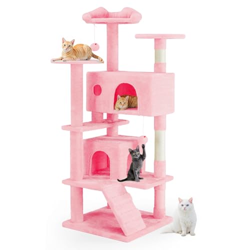 54 Inch Cat Tree Tower with Natural Sisal Scratching Post (Pink / 54IN)