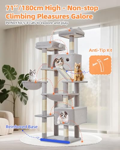 Cat Tree 71 in Extra Large Cat Tower for Inddor Cats (Light Gray / 71 Inches)