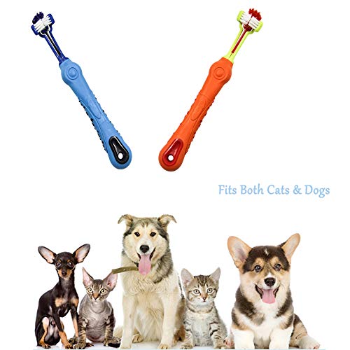 2 Pcs 3 Sided Pet Toothbrush Dog Cat Mouth Dental Teeth Care (Blue&orange)