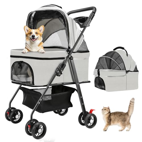 Pet Stroller for Small Dogs and Cats with 4 Wheels (Grey)