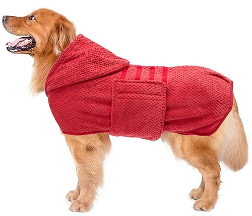 Dog Drying Coat with Hood for After Bath Bathrobe Towel Dog Drying Coat for Wet Walking in Rain (Medium / Red(Pineapple grid Hood))