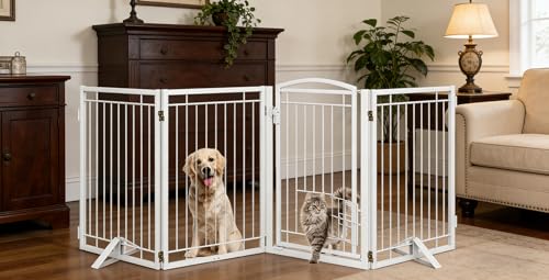 Full Metal Freestanding Dog Gate with Cat Door for Indoor & Outdoor (White / 【4 Panels with Door】80"W×32"H)