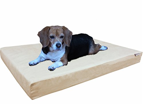 Orthopedic Gel Cooling Memory Foam Dog Bed with Waterproof Liner and External Washable Suede Cover for Small to Medium Pet (Medium 35" Length X 20" Width / Microsuede in Khaki)