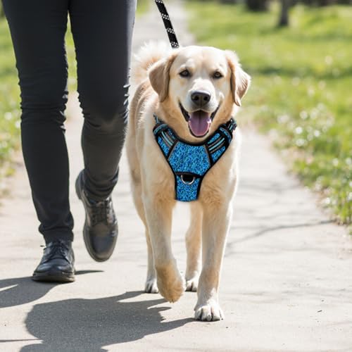 No Pull Dog Harness Large Reflective Dog Harness with Front Clip and Easy Control Handle for Walking Training Running with ID tag Pocket (Blue/Black / Large)