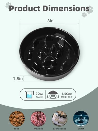 Ceramic 1.5 Cup for Small & Medium Breeds Slow Feeder Dog Bowl (Black)