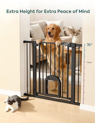 36" Tall Pet Gate with Cat Door (Black / 29-43" Wide, 36" Tall)