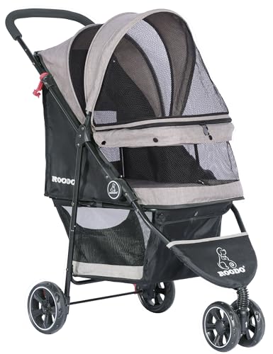 3 Wheel Dog Pet Cat Stroller Best Lightweight Foldable Compact Portable Jogger All Terrain Travel Pet Gear Puppy Kitty Stroller for up to 30lbs Medium Small Dogs and Cats (Light khaki)