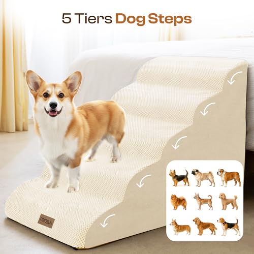 Extra Wide Dog Stairs for Large Dogs (Beige / Stairs- 25"H)