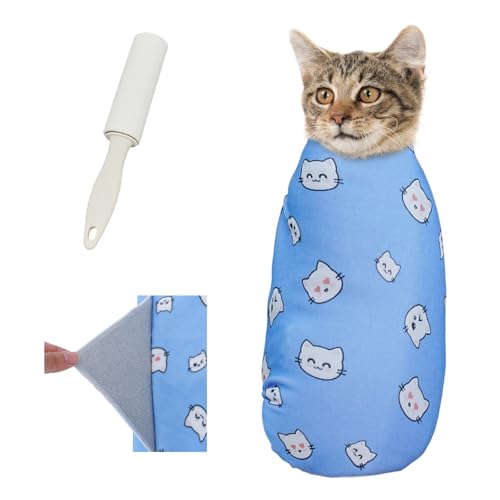 Cat Grooming Wrap for Nail Trimming (L-27.6in ( Weight:＜ 17lbs ) / BlueCat)