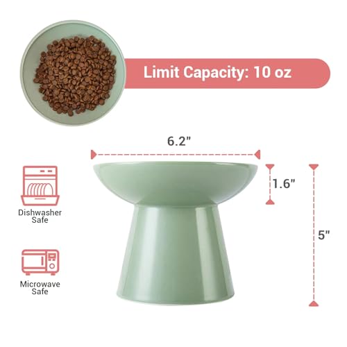 2 Pack Extra Wide Elevated Ceramic 6.2" Shallow Cat Food Bowls (Sage Green-2 Food Bowl)