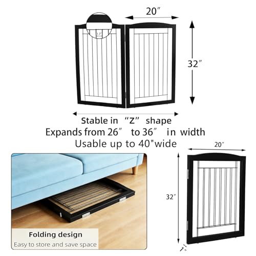 Freestanding Foldable Dog Gate for House Extra Wide Wooden Indoor Puppy Gate Stairs Doorways Pet Gate Tall Dog Fence 2 Panels Fence Black (Black / 【2 Panels】40''w x 32''h)