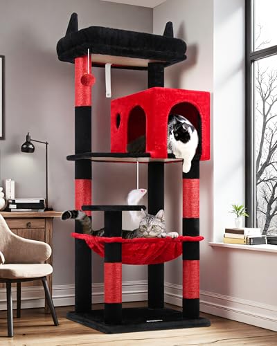 Gothic Cat Tree Tower with Scratching Post for Indoor Cats (Red Black / L)