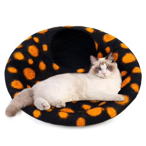 Premium Felt Cat Cave Bed (Black Polka)