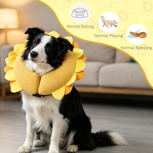 Inflatable Dog Cone Collar Alternative After Surgery (Yellow Sunflower / L(Neck 16"-18"))