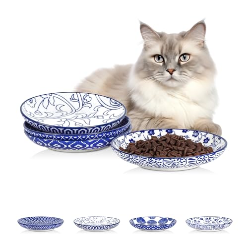 6 Inch Ceramic Cat Bowls (6 Inch, Set of 4 / Vintage Blue)