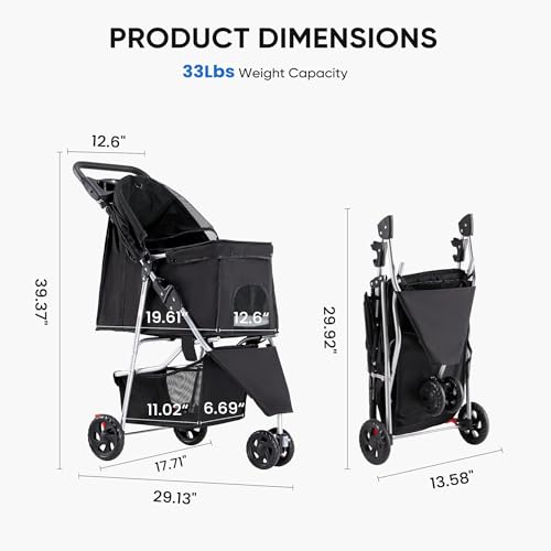 Foldable 3 Wheel Pet Stroller for Dogs and Cats (Dark Black / Standard Size)