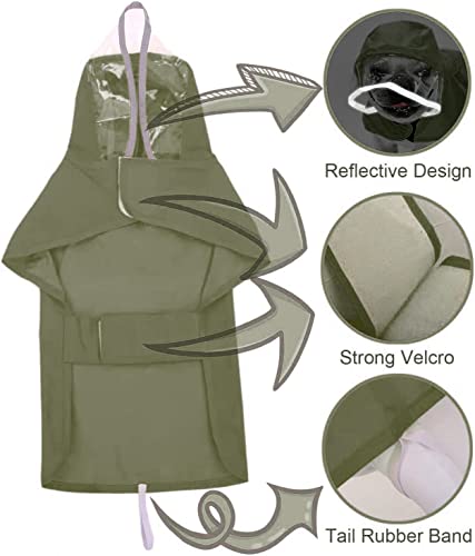 Pet Raincoat Packable Hooded Dog Rain Jacket Reflective Strips Lightweight Adjustable Poncho for Small Medium Large Dogs Army Green S (S (Back:12 Inches) / Green)