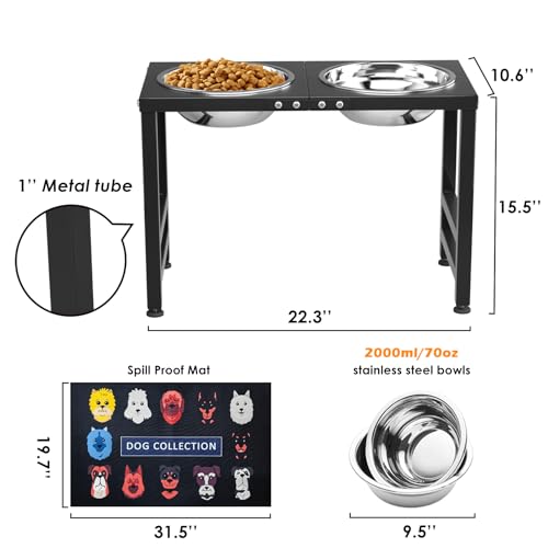 Metal Elevated Dog Bowl for Large 𝐋𝐚𝐫𝐠𝐞 Raised Bowl Stand with Sprill Proof Mat and 2000ML Pet Bowls (Black - XL Cute Dog Mat / Height:16inch)