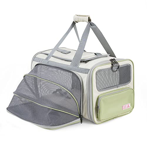 Cat Carrier Airline Approved Expandable Breathable Safety Leash (Beige and Tea Green)