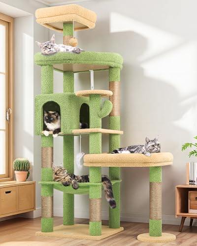 65in Cactus Sturdy Cat Tower for Indoor Large Cats (65inch / Green)
