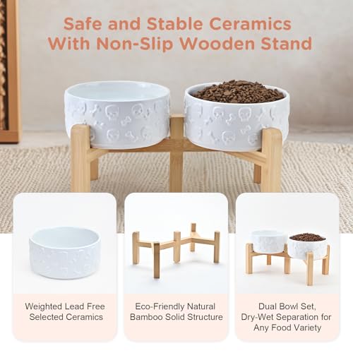 Elevated Dog Bowls Ceramic (6.1 in - 3.6 cups / White - Skull)