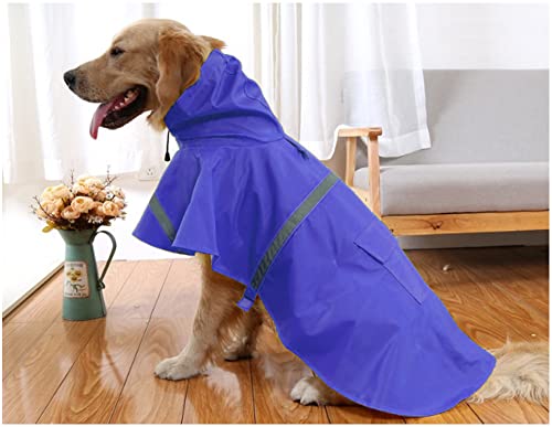 Large Dog Raincoat Adjustable Pet Waterproof Clothes Lightweight Rain Jacket Poncho Hoodies with Strip Reflective (Dark Blue / XXL)