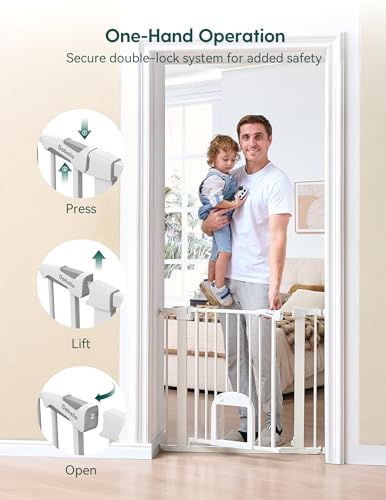 Dog Gate with Adjustable Cat Door (White / 29-43" Wide, 30" Tall)