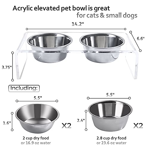 Acrylic Elevated Dog Cat Bowls Pet Feeder Double Bowl Raised Stand Comes with 4 Removable Stainless Steel Bowls. Perfect for Cats Puppies Small Dogs (Small: 3.75'' Height, 23.6 oz Steel Bowl)