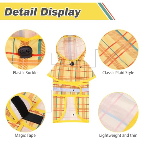 Dog Raincoat Hooded Slicker Poncho with Leash Hole (M:15-20lbs / Plaid Yellow)