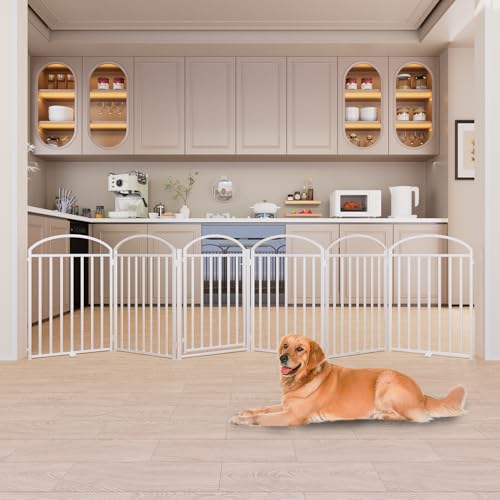 6 Panels Full Matel Freestanding Dog Gates with Door (【6 Panels with Door】144"W*32H" / White)