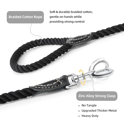 Dog Leash Braided Cotton Rope with Leather (Black / 48 Inch-1/2")
