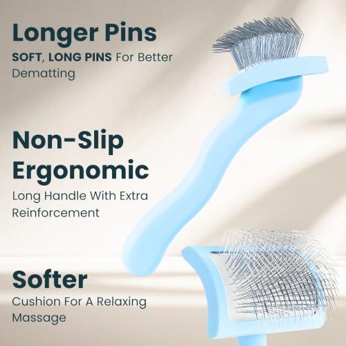 Pet Slicker Brush With Soft Massage Grooming Stainless Steel Pins (Baby Blue / Curved Medium)