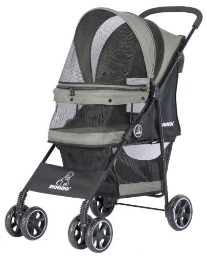 4 Wheel Dog Cat Pet Stroller Best Lightweight Foldable Compact Portable Jogger All Terrain Travel Pet Gear Puppy Doggie Bunny Kitty Stroller for up to 30lbs Medium Small Dogs Cats (sage green)