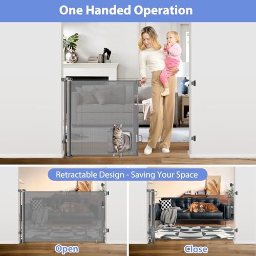 Retractable Dog Gate with Cat Door 55" Wide Retractable Pet Gate with Cat Door Mesh Dog Gate Retractable Baby Gates for Doorway Retractable Puppy Gate for The House Retractable Outdoor Gate for Deck (Gray / 33" X 55"（With Cat Door ）)