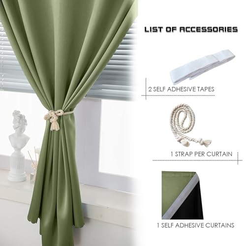 100% Blackout Shades Window Cover Self Adhesive Curtains Sticky Curtain Portable Easy Open Black Out Curtains for Bedroom Living Room No Drilling (Sage Green/ Thickened / 59"W x 84"L (Pack of 1))