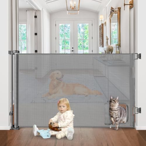 Retractable Baby Gates with Cat Door 80" Wide Retractable Dog Gate with Pet Door Outdoor Retractable Gate for Dogs Retractable Pet Gate with Door Mesh Baby Gate Retractable Mesh Dog Gate (Gray / 33" X 80"（With Cat Door ）)