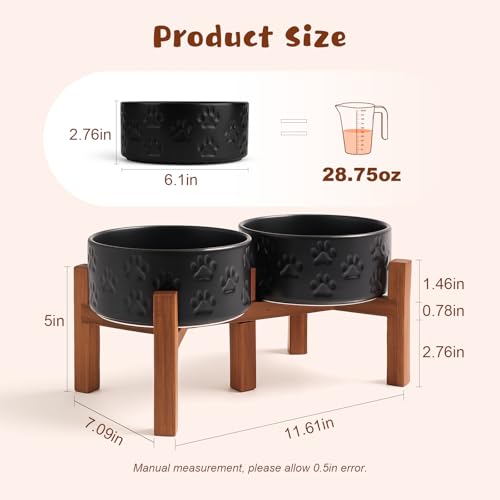 Ceramic Elevated Dog Bowl Set with Acacia Wood Stand for Food and Water for Small Medium Sized Dogs (28.74 Oz / Black with Dog Paw Pattern)