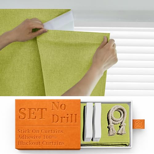 100% Blackout Curtains for Bedroom Stick On Curtains Window Shades Pull Down Blackout Window Cover No Drillng Self Adhesive Curtains No Rod Small Windows (46"W x 72"L (Pack of 1) / Fruit Green)