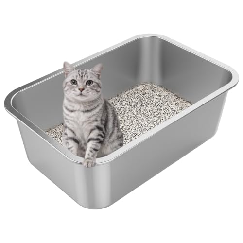 XX Large High Sided Stainless Steel Cat Litter Box (23.43"L x 15.55"W x 7.68"H)