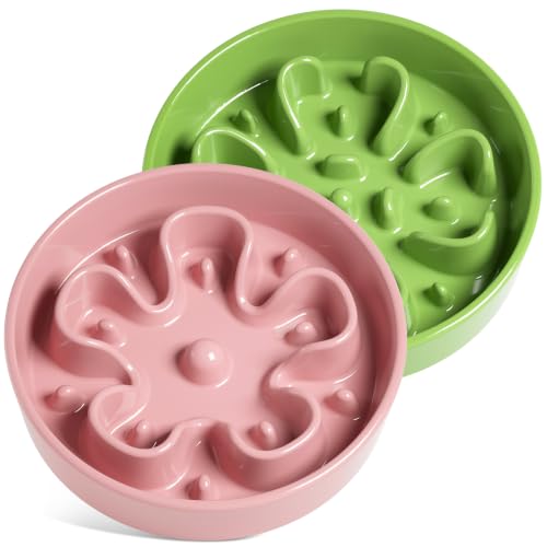 Dog Bowls Slow Feeder Ceramic (Pink+Green(2 Pieces) / M-1.5 Cups)