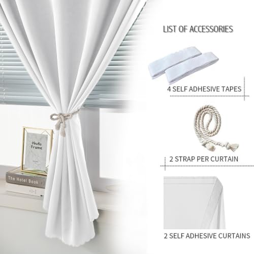 Self Adhesive Curtains Portable Blackout Curtain Simple and Easy to Install Bedroom Window Thermal Lnsulated Kitchen Room Darkening Black Small Drapes (47"W x 96"L (Pack of 2) / White)