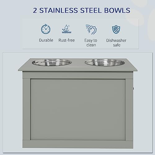 Raised Pet Feeding Storage Station with 2 Stainless Steel Bowls Base for Large Dogs and Other Large Pets (Gray)