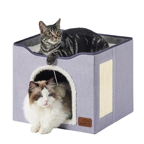Cat House Bed for Indoor Cats with Fluffy Ball and Scratch Pad (Cloud Purple / Single)