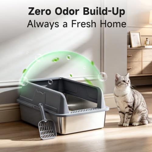 High Sided Stainless Steel XL Cat Litter Box for Cats (Dark gray XL)