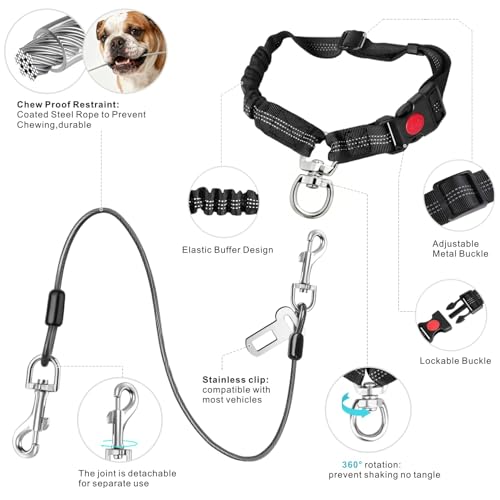 Dog Seat Belt for Car Stainless Steel 3 in 1 Dog Seatbelt 2Pcs Black (Black+Black)