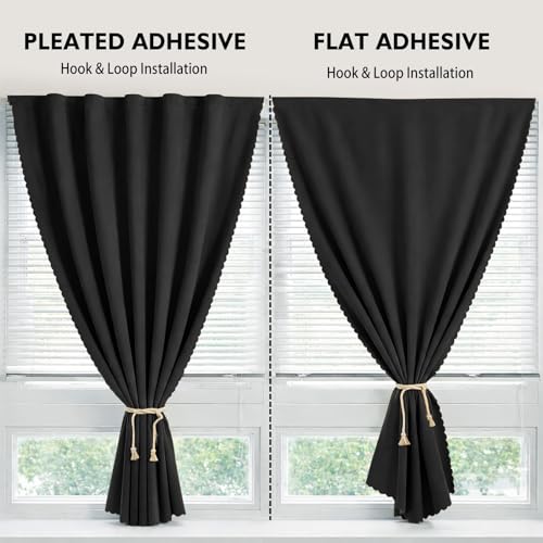 Magic Tape Stick on Curtains Blackout Curtains for Bedroom no Drillng Self Adhesive Curtain no Rod Small Window (Black / 59"W x 79"L (Pack of 2))