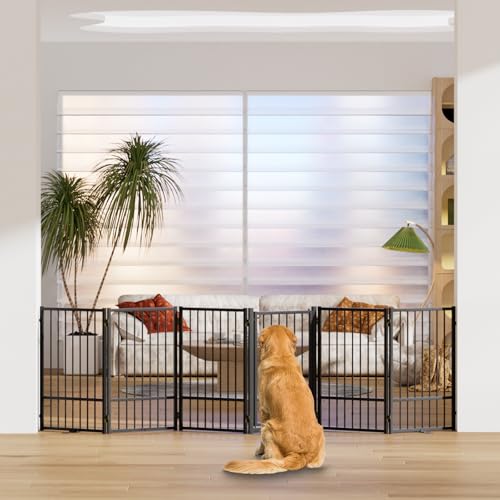 Full Metal Freestanding Dog Gate with Door (【6 Panels】120"W*32H" / Black)